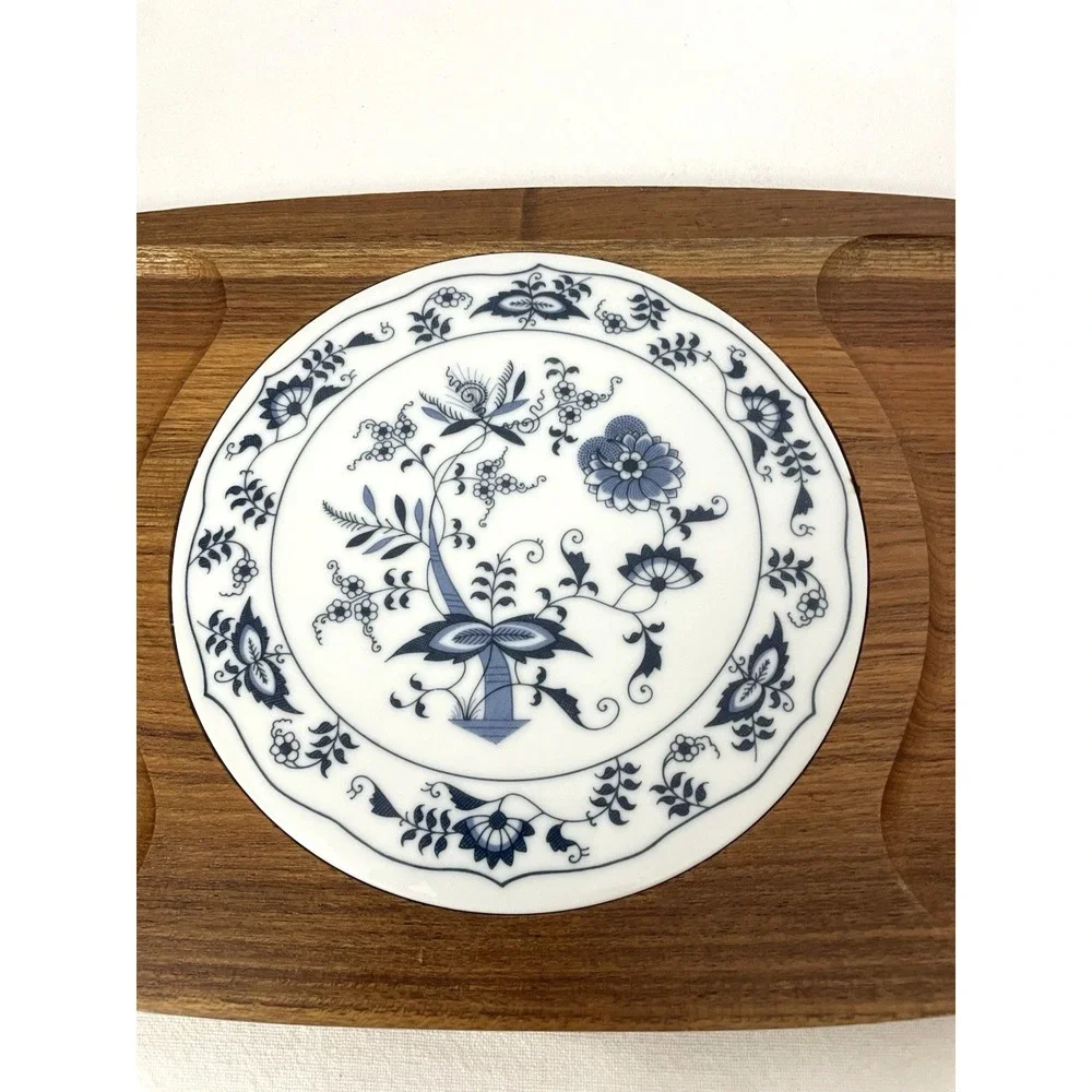 Vintage Dolphin Teak Wood Blue Onion Tile Cheese Cutting Board Serving Tray